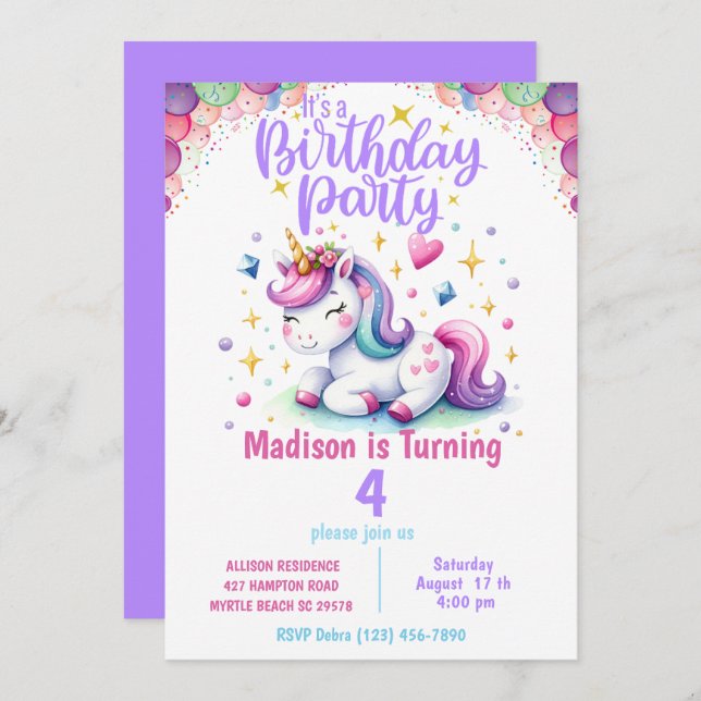  Unicorn Girls Rainbow Colours  Birthday Invitatio Invitation (Front/Back)
