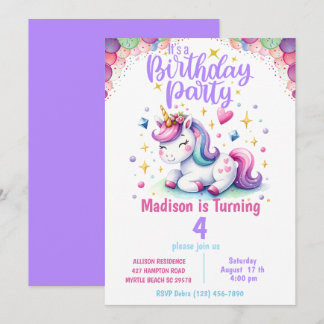Unicorn Girls Rainbow Colours Birthday Invitatio Invitation