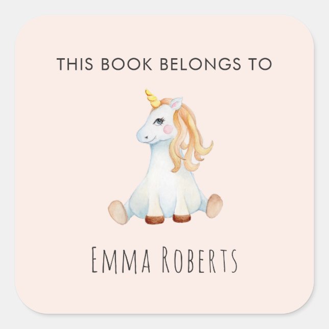 Unicorn Girls 'This Book Belongs' Kids Bookplate Square Sticker (Front)
