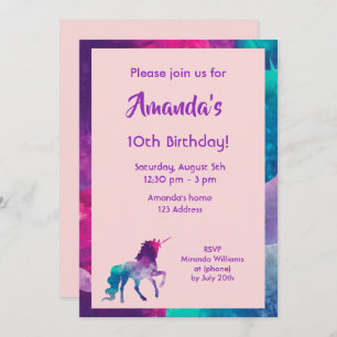 Unicorn girly fantasy pink purple 10th birthday invitation