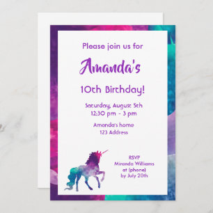 Unicorn girly fantasy purple 10th birthday party invitation