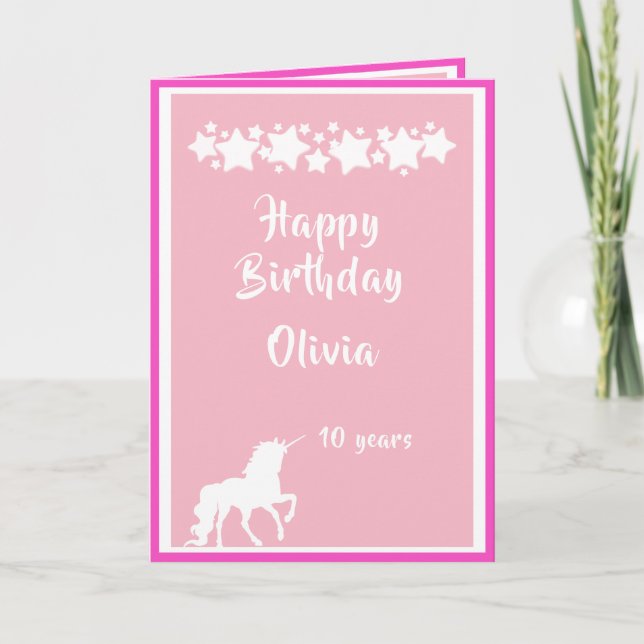 Unicorn girly pink and white with stars card (Front)