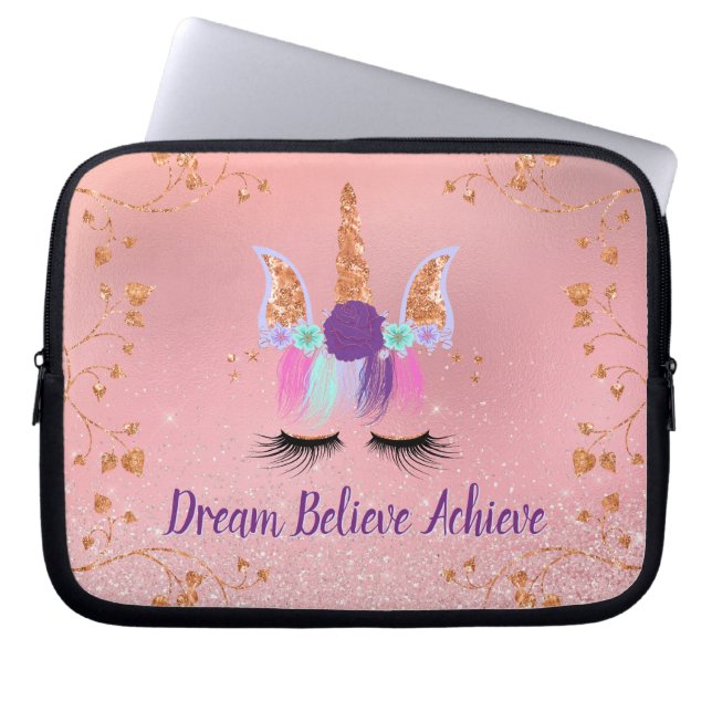 Unicorn Girly Pink Dream Believe Achieve Laptop Sleeve (Front)