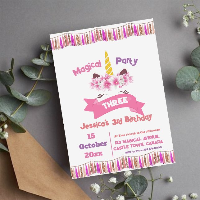  Unicorn Glitter and Gold Kids Birthday Party Invitation (Creator Uploaded)