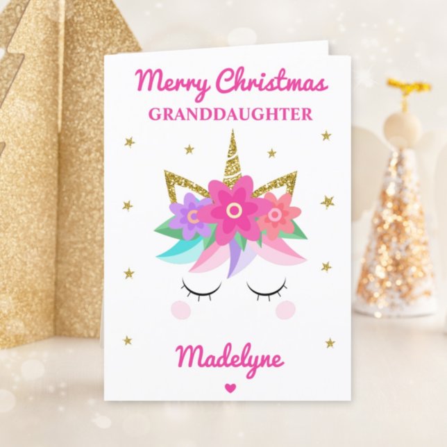 Unicorn Glitter Christmas For Granddaughter Pink Holiday Card (Creator Uploaded)