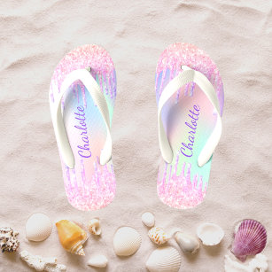 Unicorn glitter drips name girly holographic kid's jandals