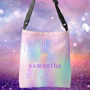 Unicorn glitter drips pink purple custom monogram crossbody bag