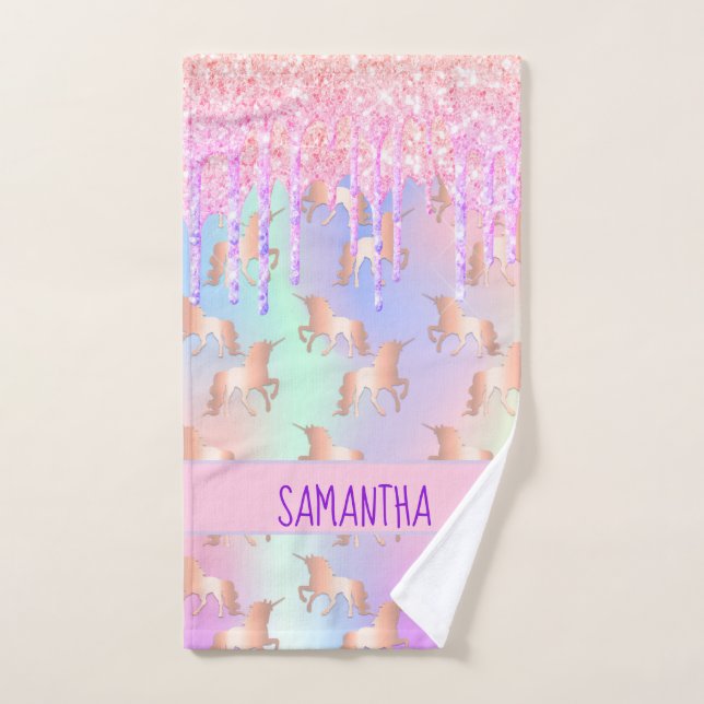 Unicorn glitter drips pink purple name hand towel (Hand Towel)