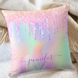 Unicorn glitter drips rainbow girl name script cushion<br><div class="desc">A trendy rainbow colored background with unicorn and rainbow pastel colors in pink, purple, rose gold, mint green. Decorated with faux glitter drips in rose gold, pink and purple and a rainbow colored unicorn. Personalize and add a name, written with a modern hand lettered style script with swashes. Purple colored...</div>