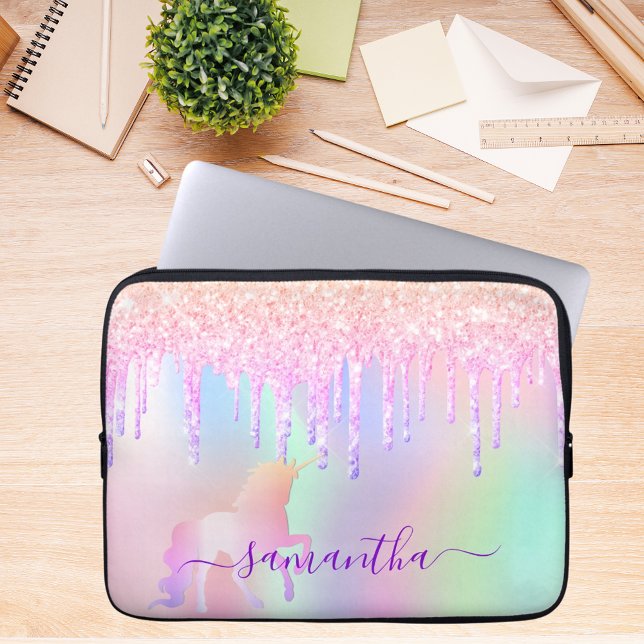 Unicorn glitter drips rainbow name iridescent laptop sleeve (Creator Uploaded)