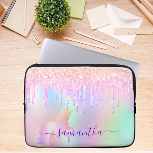 Unicorn glitter drips rainbow name iridescent laptop sleeve