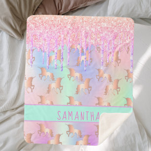Unicorn glitter drips rainbow pink monogram girl sherpa blanket