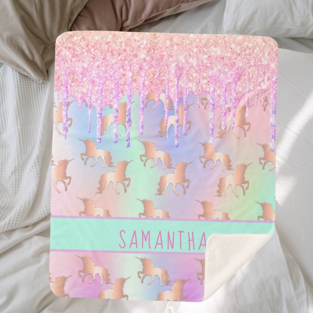 Unicorn glitter drips rainbow pink monogram girl sherpa blanket (Creator Uploaded)