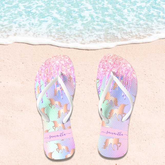 Unicorn glitter drips rainbow pink purple name jandals (Creator Uploaded)