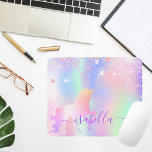 Unicorn glitter dust pink rose gold rainbow  mouse pad<br><div class="desc">A trendy iridescent, background with unicorn and rainbow pastel colours in pink, purple, rose gold, mint green. Decorated with faux glitter dust and a rainbow coloured unicorn. Purple coloured letters. Personalise and add your name written with a mothern hand lettered style script with swashes. To keep the swashes only delete...</div>