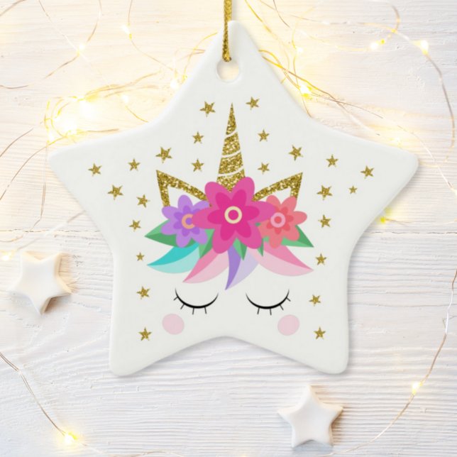 Unicorn Glitter Flowers Stars Personalised Ceramic Tree Decoration (Creator Uploaded)