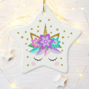 Unicorn Glitter Flowers Stars Personalized Ceramic Tree Decoration