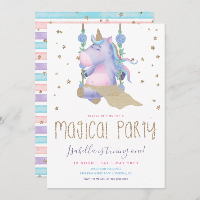 Unicorn Glitter Magical Girl Birthday Party Invitation (Front/Back)
