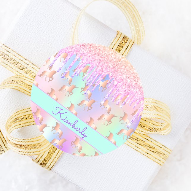 Unicorn glitter pink iridescent rose gold birthday classic round sticker (Creator Uploaded)