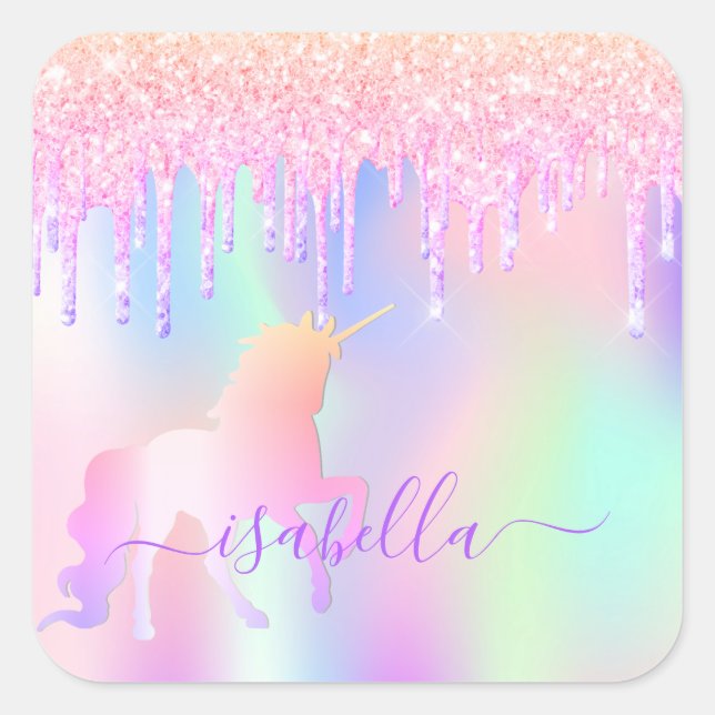 Unicorn glitter pink iridescent rose gold birthday square sticker (Front)
