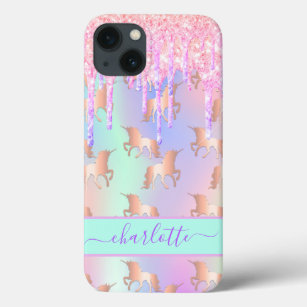 Unicorn glitter pink iridescent rose gold rainbow iPhone 13 case