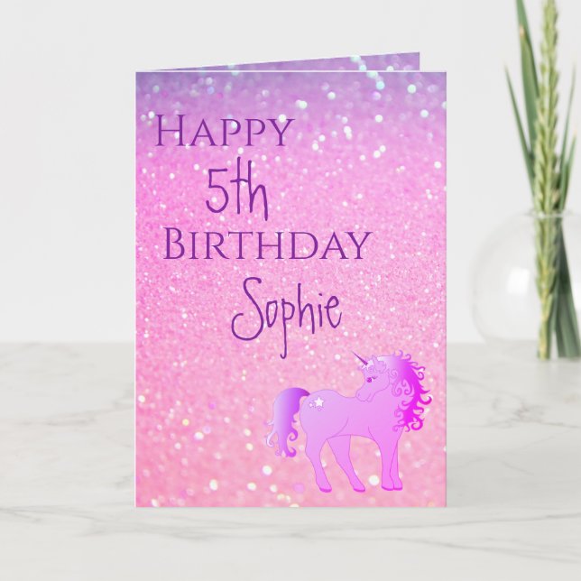Unicorn Glitter Pink Purple Cute Girl Age Birthday Card (Front)