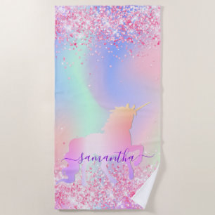 Unicorn glitter pink purple name holographic beach towel