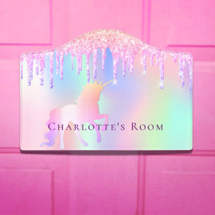 Unicorn glitter pink rainbow holographic name  door sign