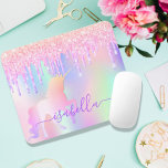 Unicorn glitter pink sparkle rose gold rainbow mouse pad<br><div class="desc">A trendy iridescent, background with unicorn and rainbow pastel colours in pink, purple, rose gold, mint green. Decorated with faux glitter drips in rose gold, pink, purple and a rainbow coloured unicorn. Purple coloured letters. Personalise and add your name written with a mothern hand lettered style script with swashes. To...</div>