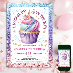 Unicorn Glitter Rainbow Cupcake 8th Birthday Invitation