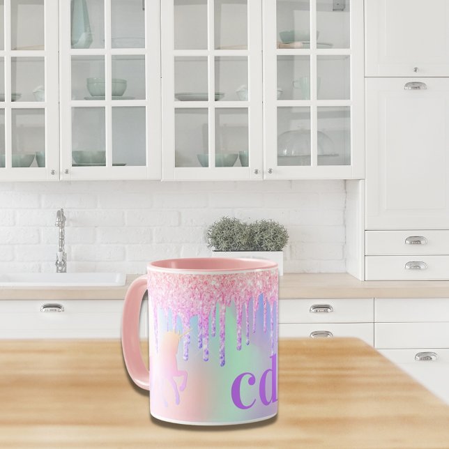 Unicorn glitter rainbow pink monogram holographic mug (Creator Uploaded)