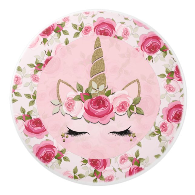 Unicorn Gold Floral Roses Cute Trendy Ceramic Knob (Front)