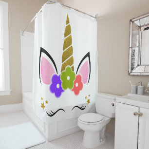 Unicorn Gold Flowers Pink Sparking Stars Shower Curtain