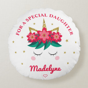 Unicorn Gold Glitter Daughter Christmas Round Cushion
