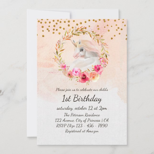 Unicorn Gold Glitter Pink Baby Girl First Birthday Invitation (Front)