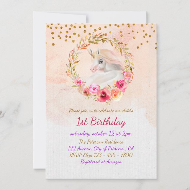 Unicorn Gold Glitter Pink Baby Girl First Birthday Invitation (Front)