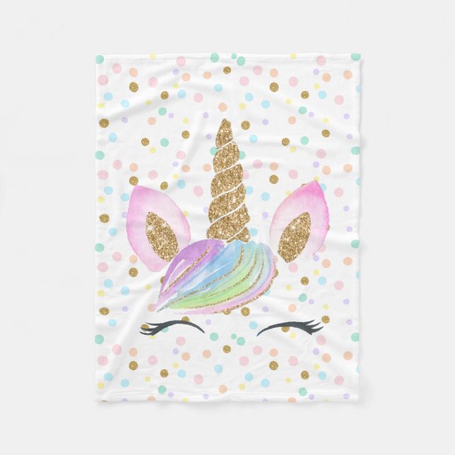 Unicorn Gold Glitter Rainbow Pastel Cute Girl Kids Fleece Blanket (Front)