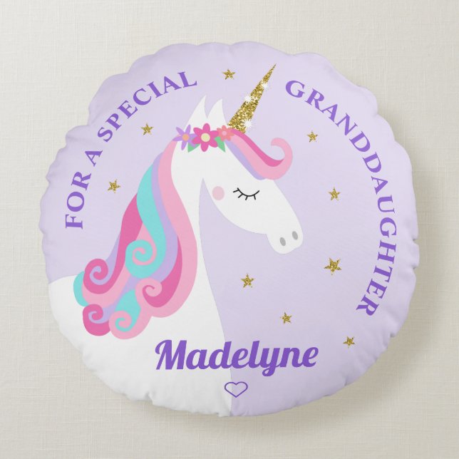 Unicorn Gold Glitter Stars Purple Granddaughter Round Cushion (Front)