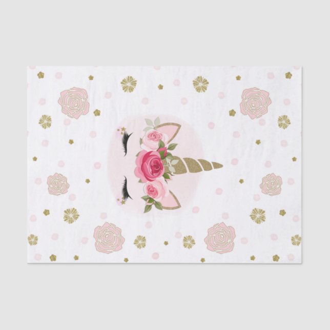 Unicorn Gold Pink Floral Blooms Cute Trendy Party Tissue Paper (Front)