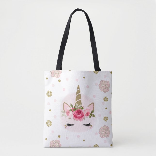 Unicorn Gold Pink Floral Blooms Cute Trendy Party Tote Bag (Front)