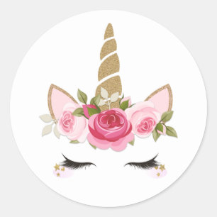 Unicorn Gold Pink Floral Cute Trendy Classic Round Sticker