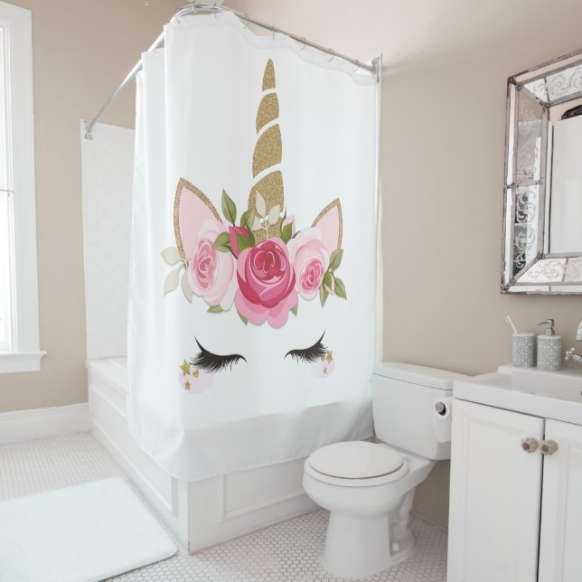 Unicorn Gold Pink Floral Cute Trendy Shower Curtai Curtain (In Situ)