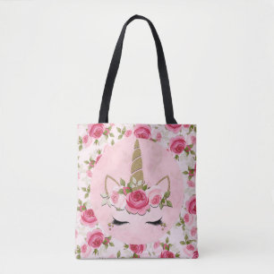 Unicorn Gold Pink Floral Rose Cute Trendy Tote Bag