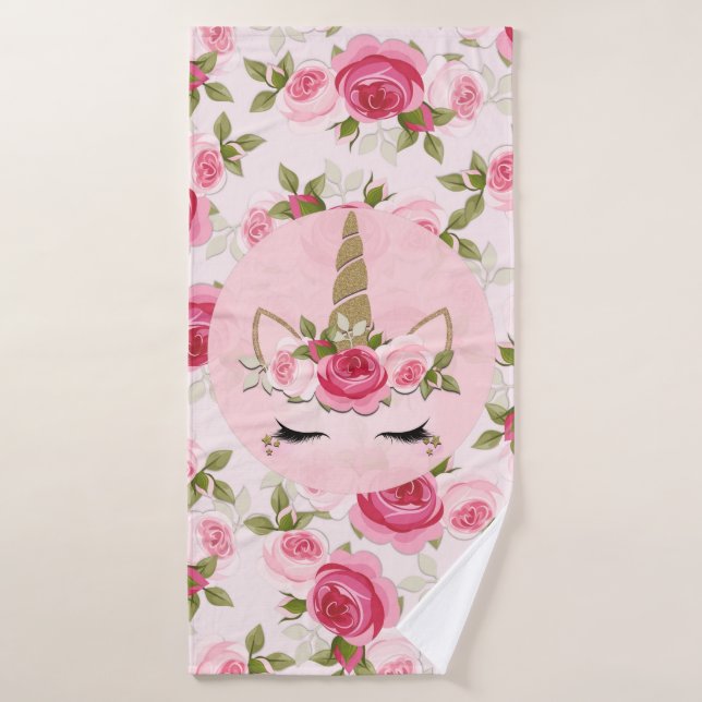 Unicorn Gold Pink Floral Roses Cute Trendy  Bath Towel Set (Bath Towel)