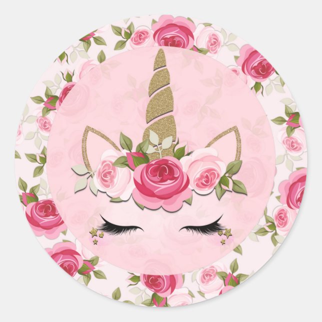 Unicorn Gold Pink Floral Roses Cute Trendy  Classic Round Sticker (Front)
