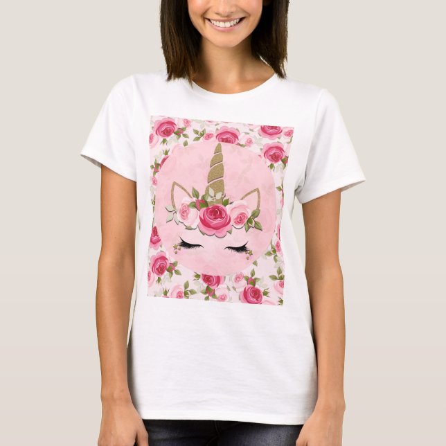 Unicorn Gold Pink Floral Roses Cute Trendy Girly  T-Shirt (Front)