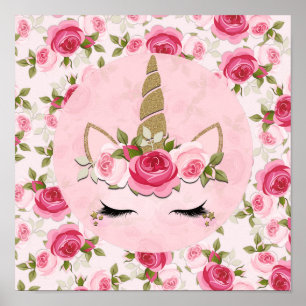 Unicorn Gold Pink Floral Roses Cute Trendy  Poster