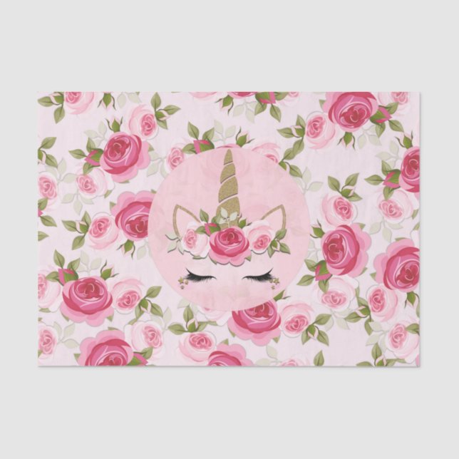 Unicorn Gold Pink Floral Roses Cute Trendy  Tissue Paper (Front)