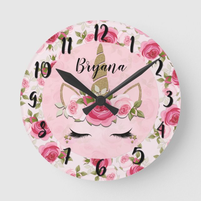 Unicorn Gold Pink Floral Roses Trendy Bedroom  Round Clock (Front)