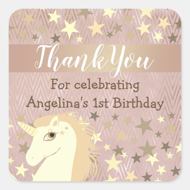 Unicorn Gold Stars 1st Birthday Thank You Square Sticker (Front)